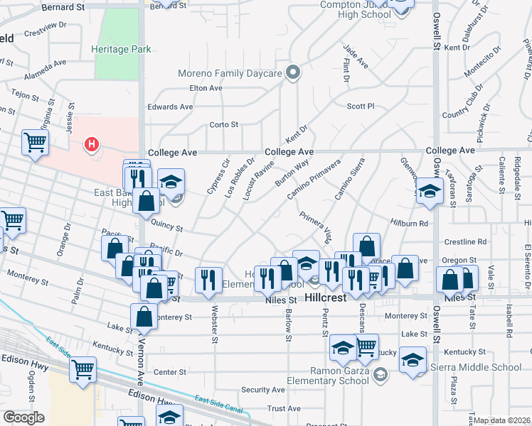 map of restaurants, bars, coffee shops, grocery stores, and more near 1708 Camino Primavera in Bakersfield