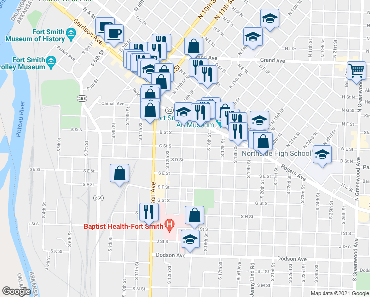 map of restaurants, bars, coffee shops, grocery stores, and more near 1410 South C Street in Fort Smith
