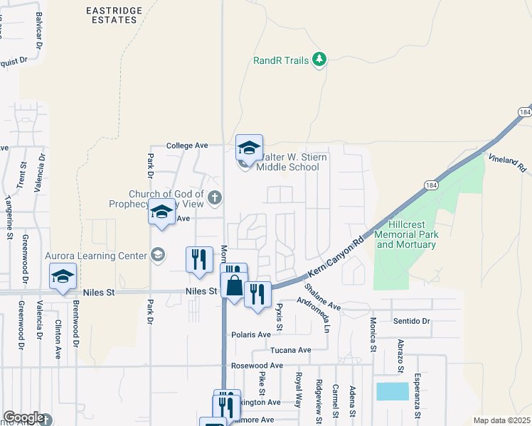 map of restaurants, bars, coffee shops, grocery stores, and more near 8300 Kern Canyon Road in Bakersfield