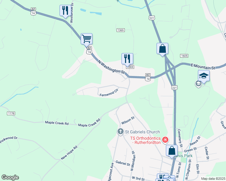 map of restaurants, bars, coffee shops, grocery stores, and more near 130 Fernwood Circle in Rutherfordton