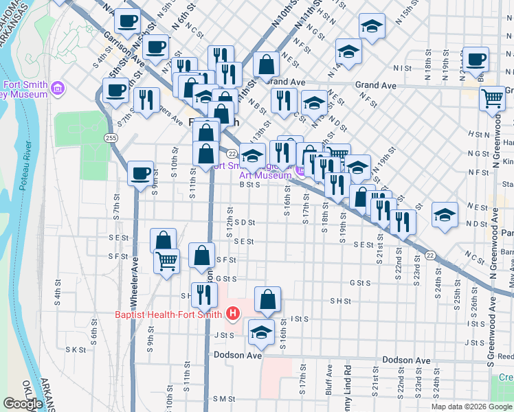 map of restaurants, bars, coffee shops, grocery stores, and more near 1410 C Street South in Fort Smith