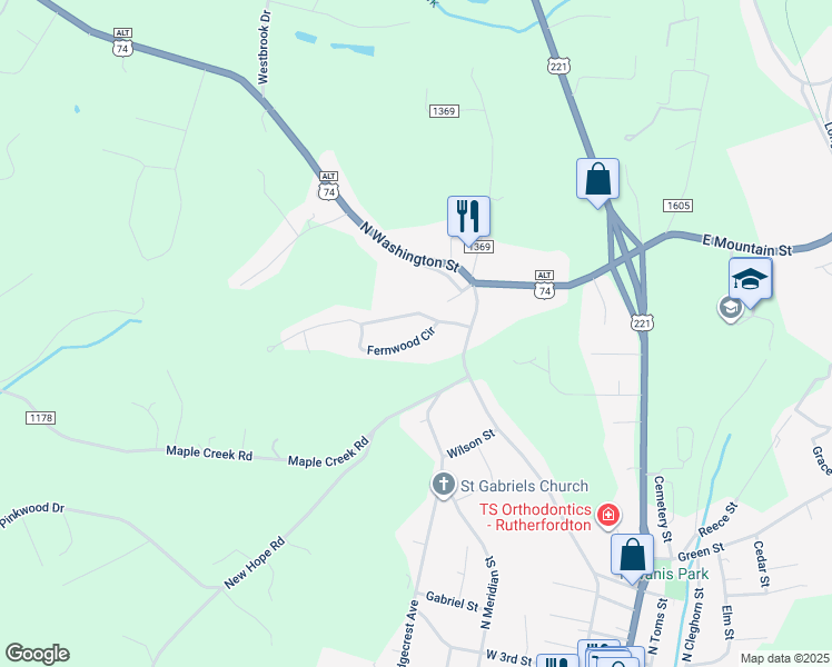 map of restaurants, bars, coffee shops, grocery stores, and more near 130 Fernwood Circle in Rutherfordton