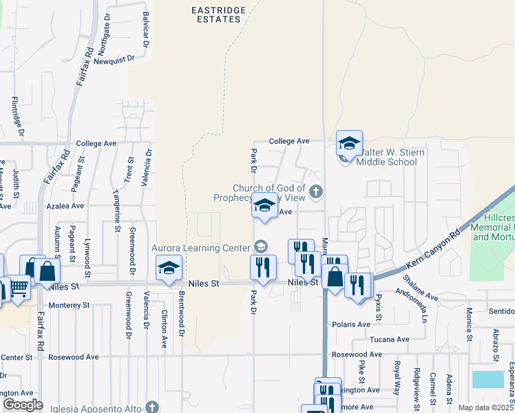 map of restaurants, bars, coffee shops, grocery stores, and more near 7701 Bruce Way in Bakersfield