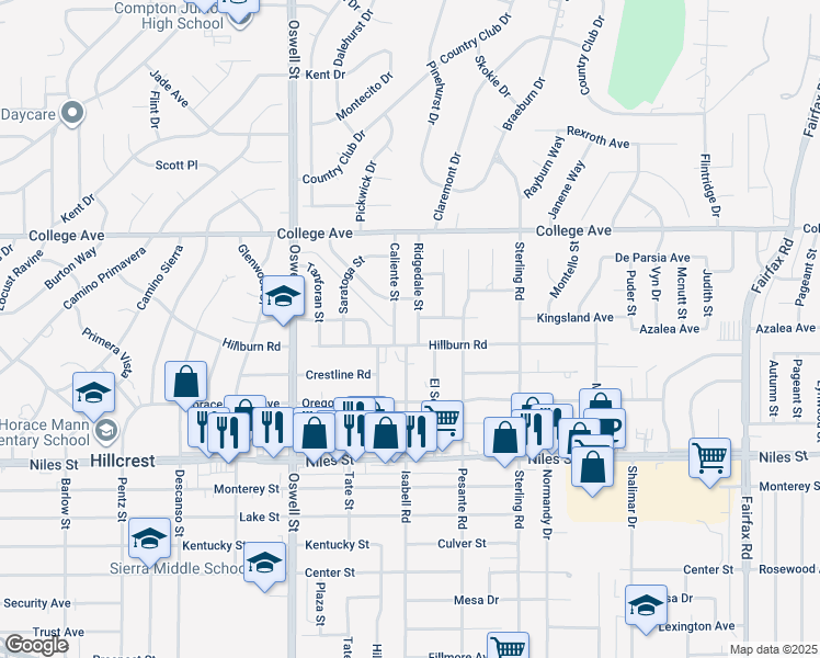map of restaurants, bars, coffee shops, grocery stores, and more near 3001 Caliente Street in Bakersfield