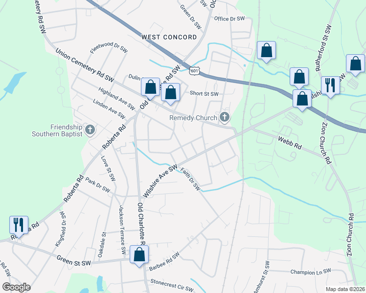 map of restaurants, bars, coffee shops, grocery stores, and more near 80 Highland Avenue Southwest in Concord