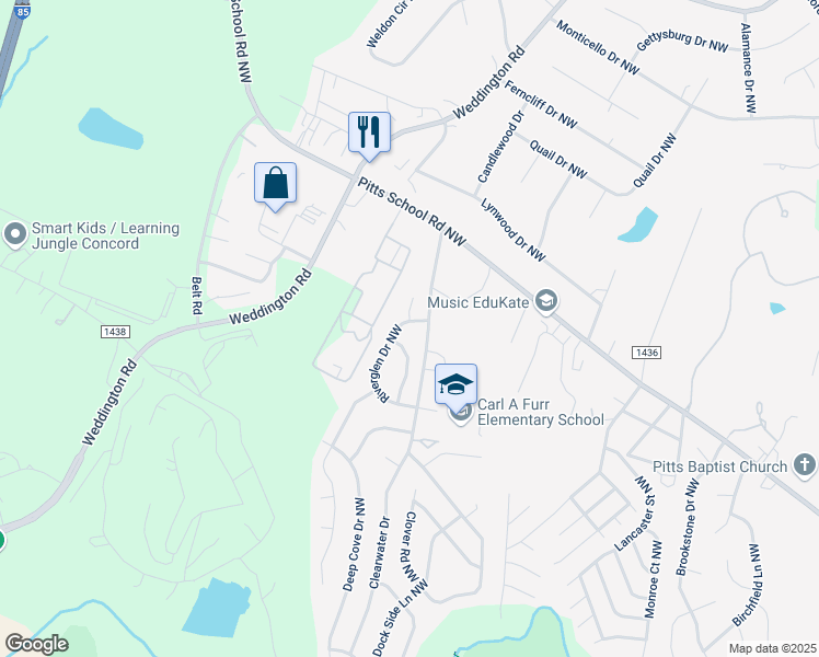 map of restaurants, bars, coffee shops, grocery stores, and more near 416 Riverglen Drive Northwest in Concord