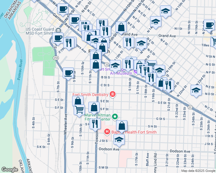 map of restaurants, bars, coffee shops, grocery stores, and more near 322 South 14th Street in Fort Smith