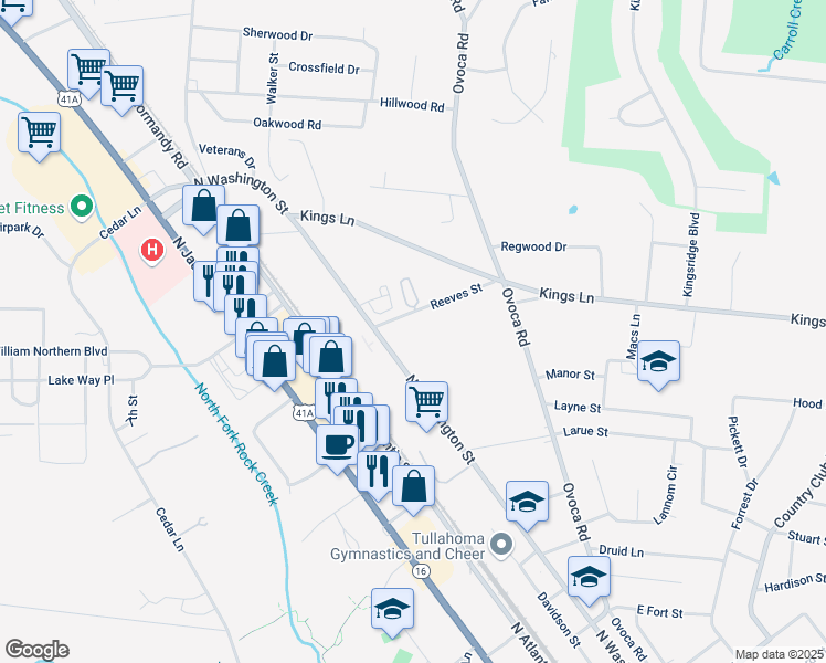 map of restaurants, bars, coffee shops, grocery stores, and more near 210 Reeves Street in Tullahoma