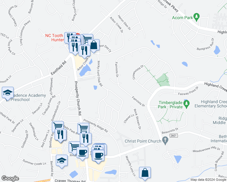 map of restaurants, bars, coffee shops, grocery stores, and more near 9920 Rocky Ford Club Road in Charlotte