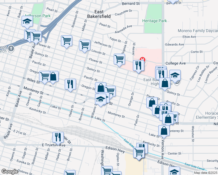map of restaurants, bars, coffee shops, grocery stores, and more near 1420 Virginia Street in Bakersfield