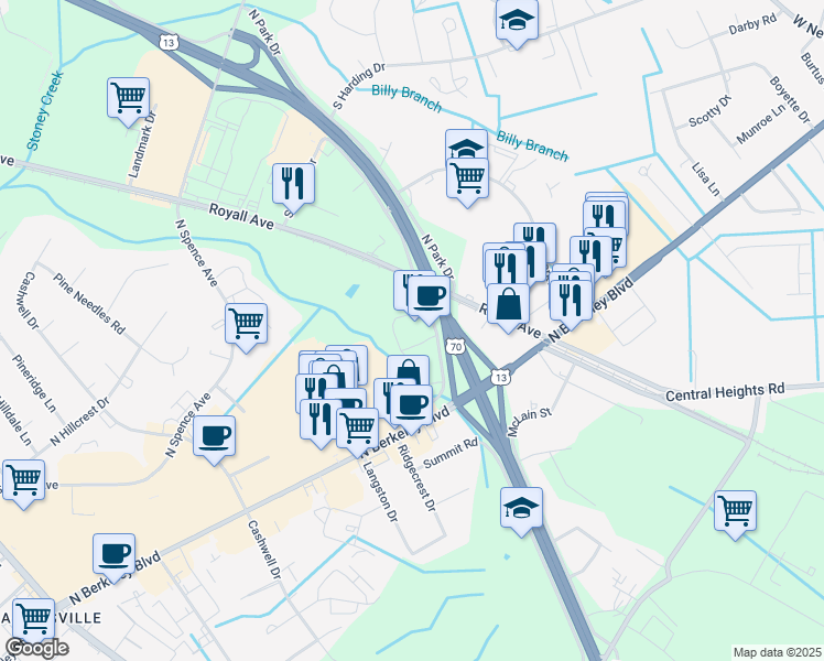 map of restaurants, bars, coffee shops, grocery stores, and more near 1204 Sunburst Drive in Goldsboro
