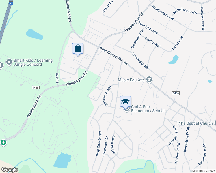 map of restaurants, bars, coffee shops, grocery stores, and more near 428 Riverglen Drive Northwest in Concord