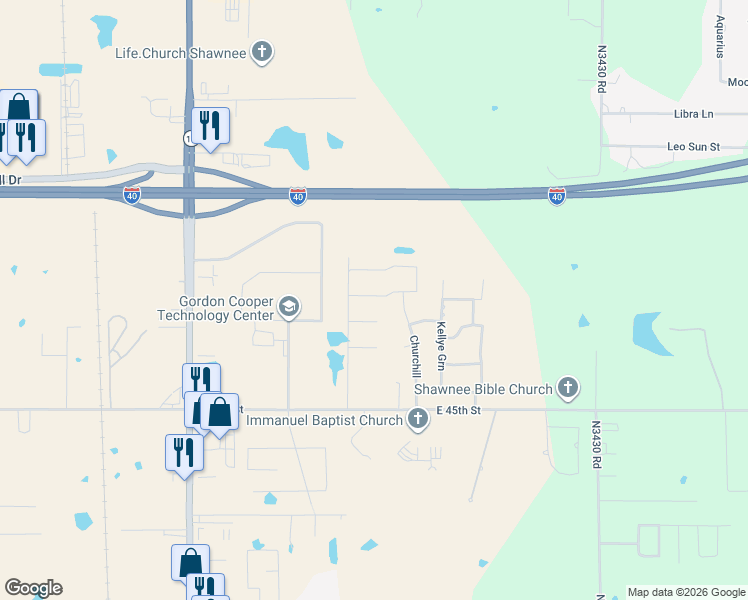 map of restaurants, bars, coffee shops, grocery stores, and more near 4707 Churchill in Shawnee
