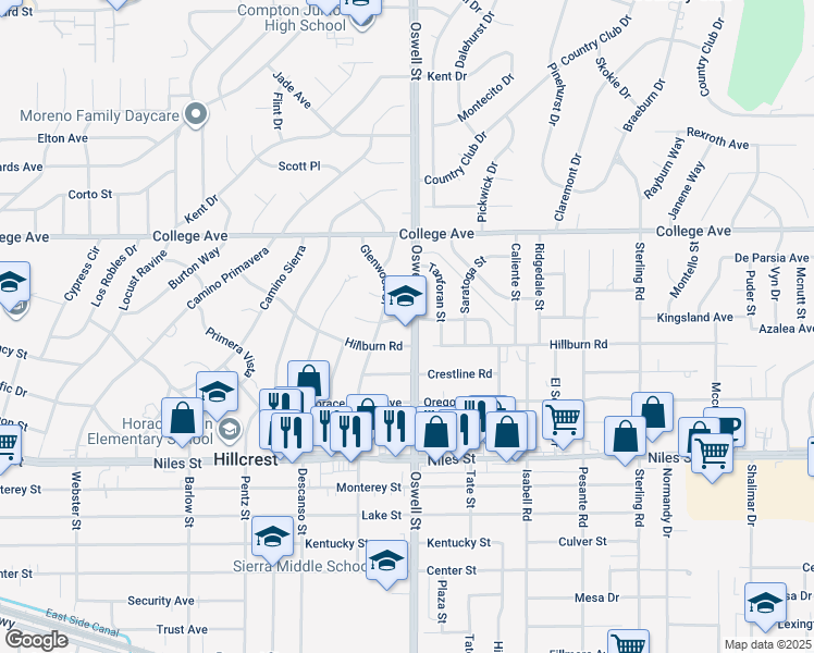 map of restaurants, bars, coffee shops, grocery stores, and more near 3013 Fernvale Road in Bakersfield