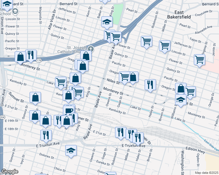 map of restaurants, bars, coffee shops, grocery stores, and more near 920 Monterey Street in Bakersfield