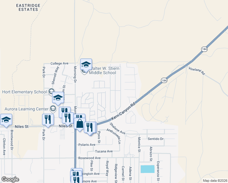 map of restaurants, bars, coffee shops, grocery stores, and more near 8536 Kern Canyon Road in Bakersfield