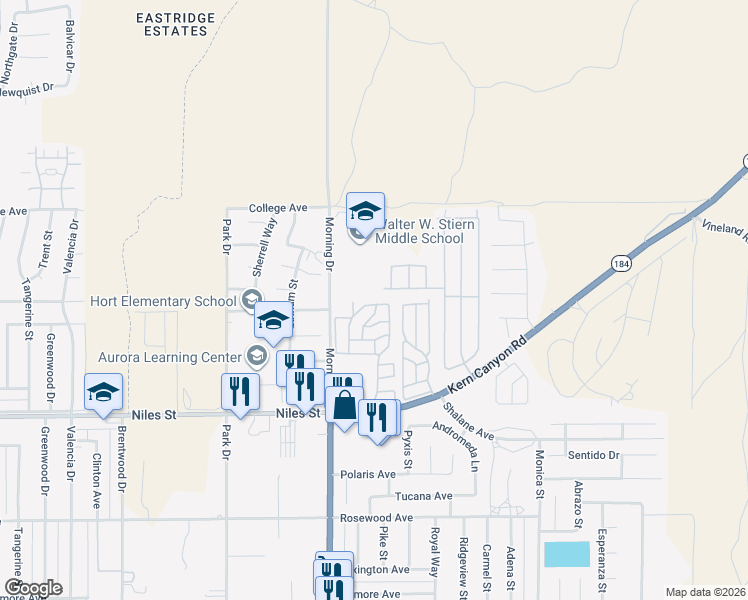map of restaurants, bars, coffee shops, grocery stores, and more near Sherman Rd in Bakersfield
