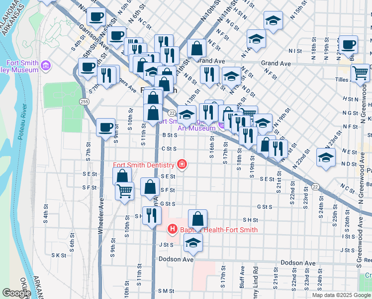 map of restaurants, bars, coffee shops, grocery stores, and more near 1411 C Street South in Fort Smith