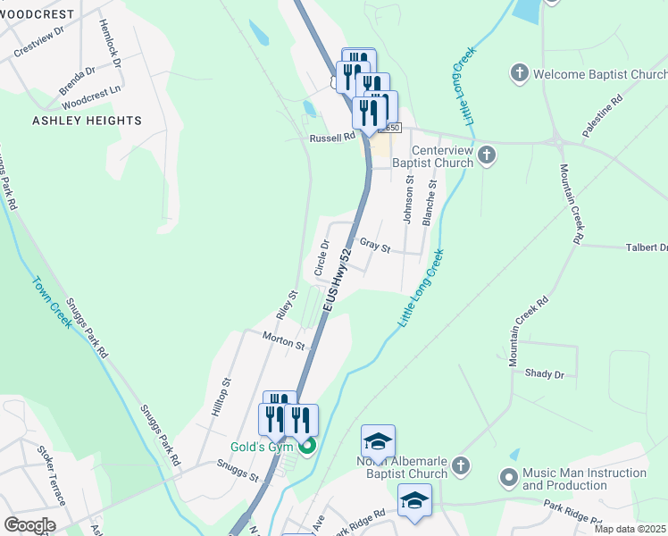 map of restaurants, bars, coffee shops, grocery stores, and more near 1607 U.S. 52 in Albemarle
