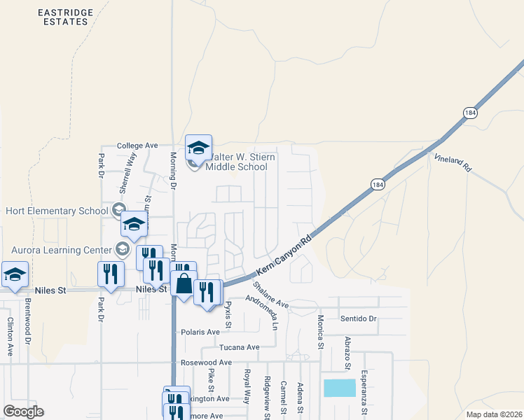 map of restaurants, bars, coffee shops, grocery stores, and more near 8536 Kern Canyon Road in Bakersfield