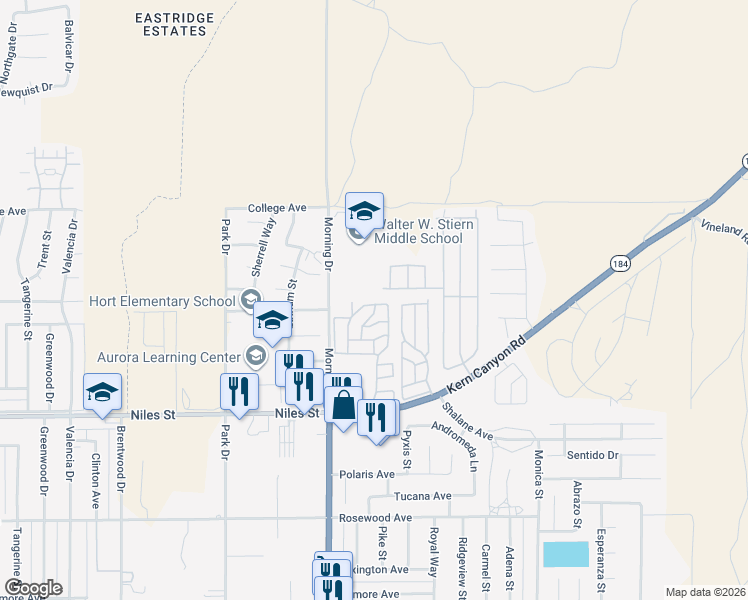 map of restaurants, bars, coffee shops, grocery stores, and more near Sherman Rd in Bakersfield