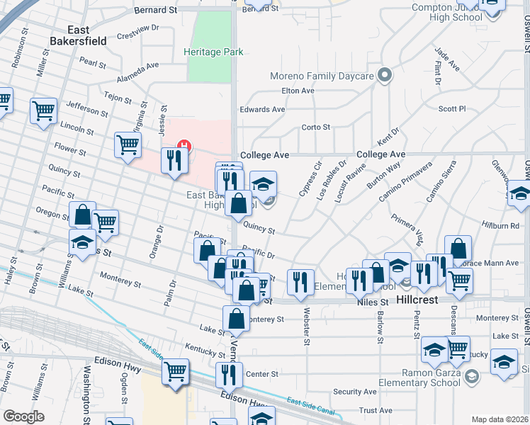 map of restaurants, bars, coffee shops, grocery stores, and more near 1600-1798 Cypress Circle in Bakersfield