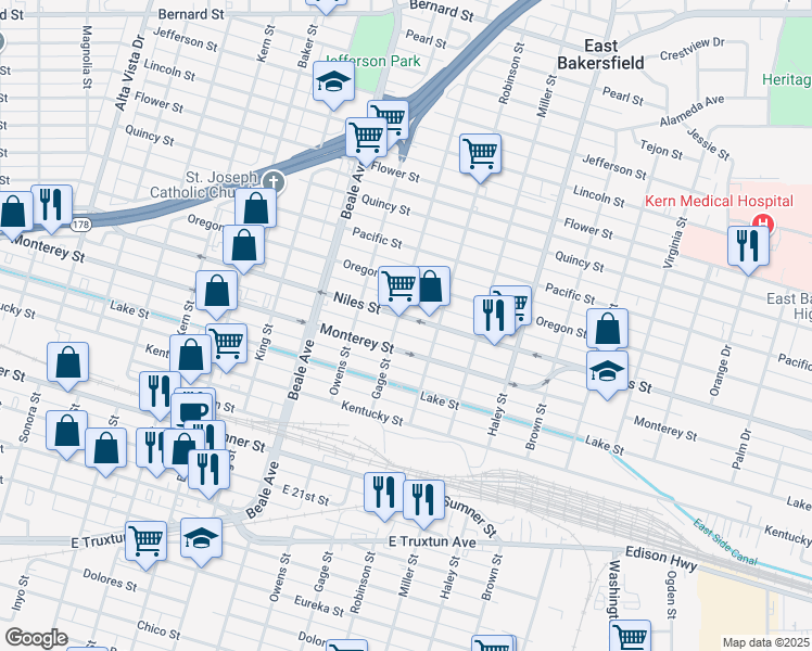 map of restaurants, bars, coffee shops, grocery stores, and more near 1104 Niles Street in Bakersfield