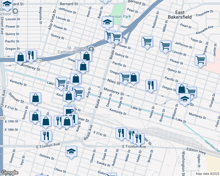 map of restaurants, bars, coffee shops, grocery stores, and more near 900 Monterey Street in Bakersfield