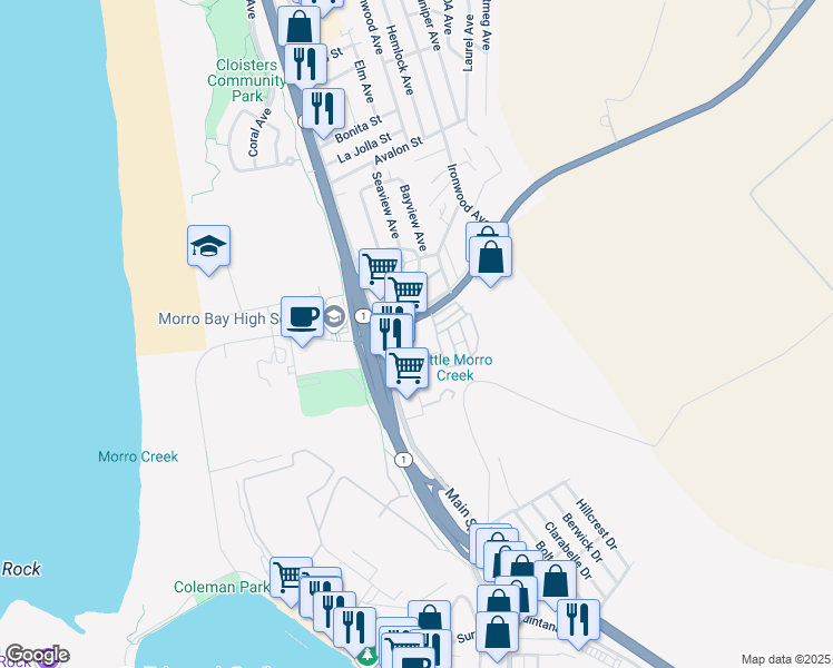 map of restaurants, bars, coffee shops, grocery stores, and more near 440 Atascadero Road in Morro Bay