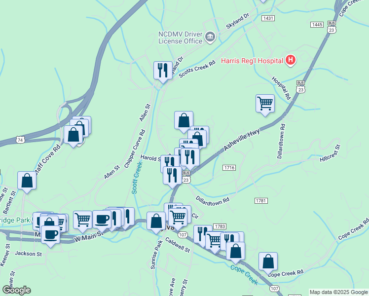 map of restaurants, bars, coffee shops, grocery stores, and more near 143 Finch Street in Sylva