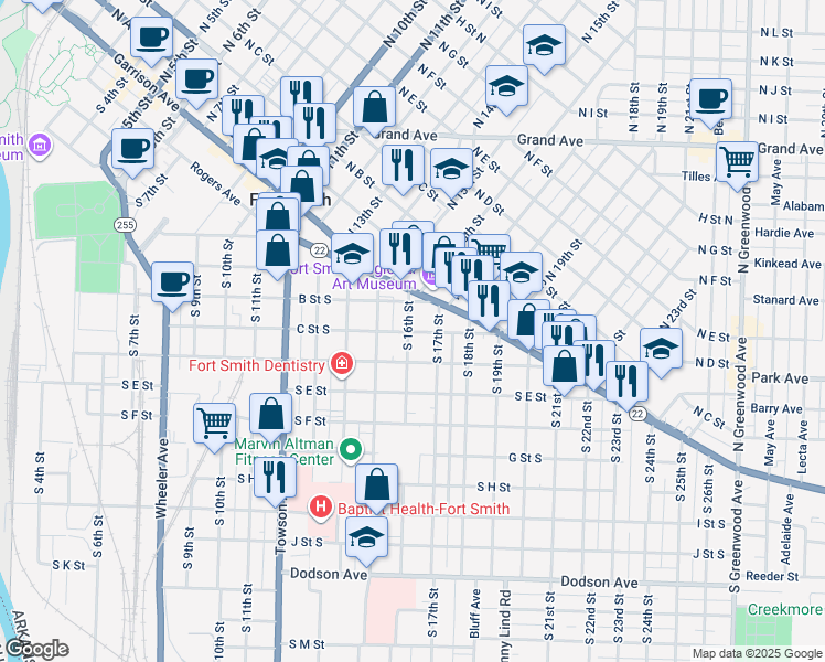 map of restaurants, bars, coffee shops, grocery stores, and more near 1609 State Highway 22 in Fort Smith