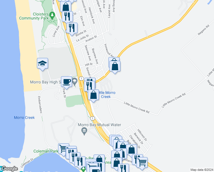 map of restaurants, bars, coffee shops, grocery stores, and more near 500 Atascadero Road in Morro Bay