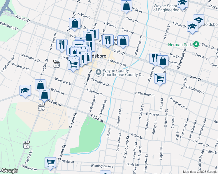 map of restaurants, bars, coffee shops, grocery stores, and more near 317 East Chestnut Street in Goldsboro