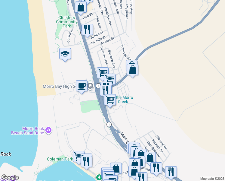 map of restaurants, bars, coffee shops, grocery stores, and more near 440 Atascadero Road in Morro Bay