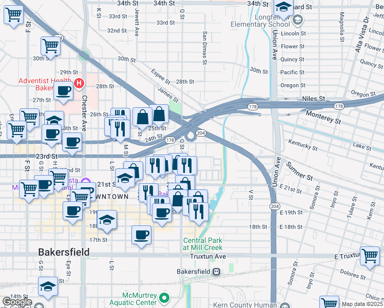 map of restaurants, bars, coffee shops, grocery stores, and more near 2317 R Street in Bakersfield