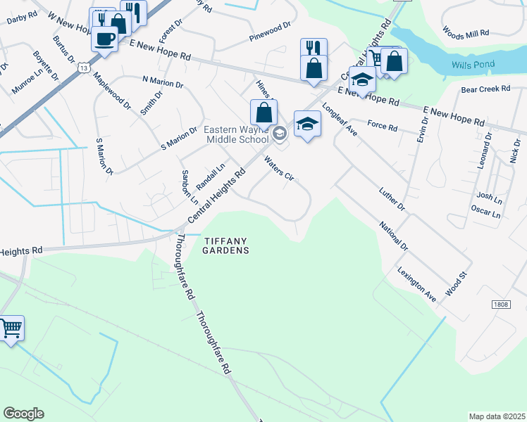 map of restaurants, bars, coffee shops, grocery stores, and more near 206 Waters Circle in Goldsboro