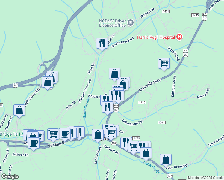 map of restaurants, bars, coffee shops, grocery stores, and more near 105 East Sylva Circle in Sylva