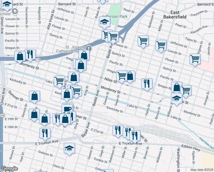 map of restaurants, bars, coffee shops, grocery stores, and more near 900 Monterey Street in Bakersfield