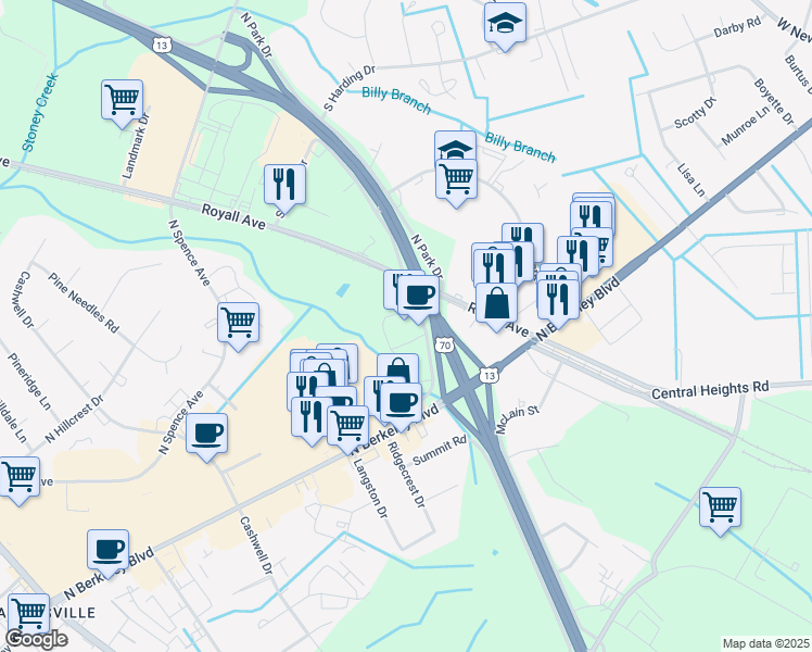 map of restaurants, bars, coffee shops, grocery stores, and more near 1204 Sunburst Drive in Goldsboro