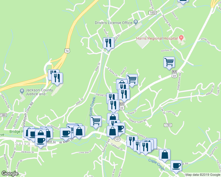 map of restaurants, bars, coffee shops, grocery stores, and more near 61 Melrose Place in Sylva