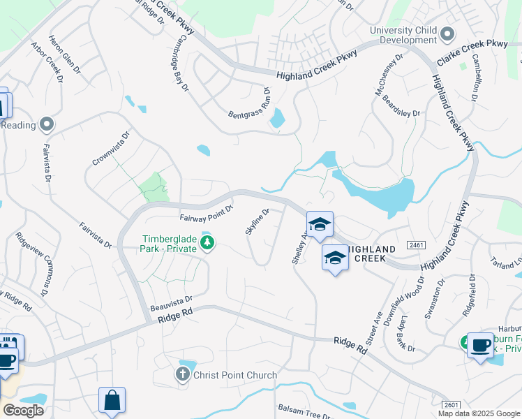 map of restaurants, bars, coffee shops, grocery stores, and more near 6413 Skyline Drive in Charlotte