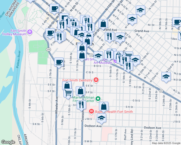 map of restaurants, bars, coffee shops, grocery stores, and more near 1299 C Street South in Fort Smith