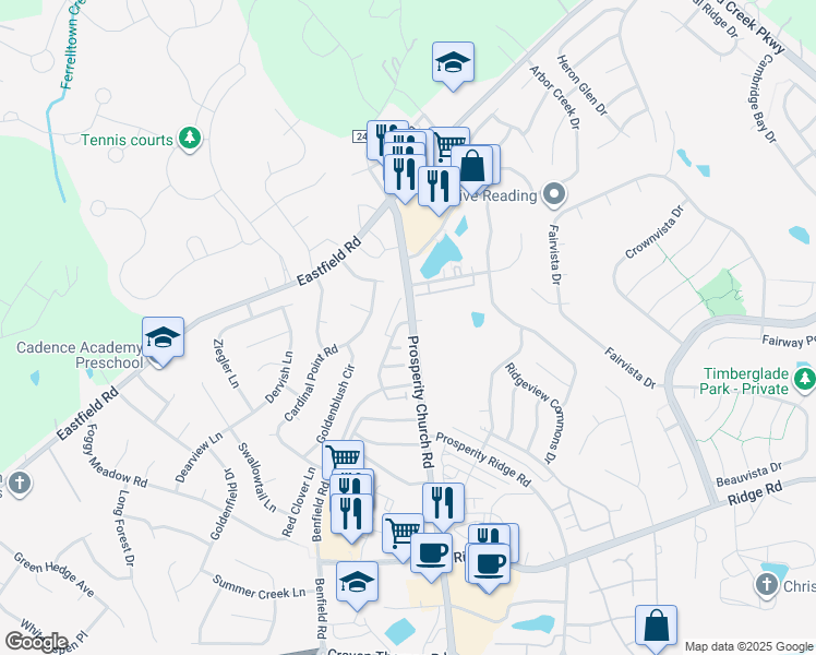 map of restaurants, bars, coffee shops, grocery stores, and more near 6441 Prosperity Church Road in Charlotte