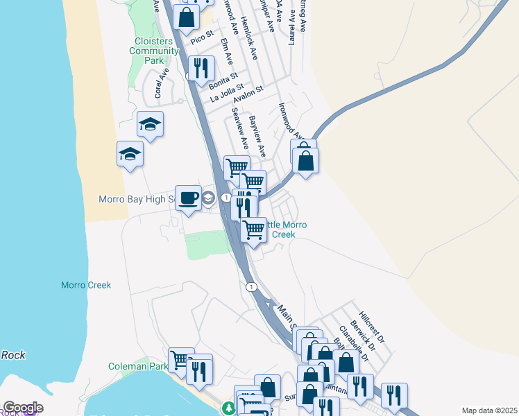 map of restaurants, bars, coffee shops, grocery stores, and more near 440 Atascadero Road in Morro Bay