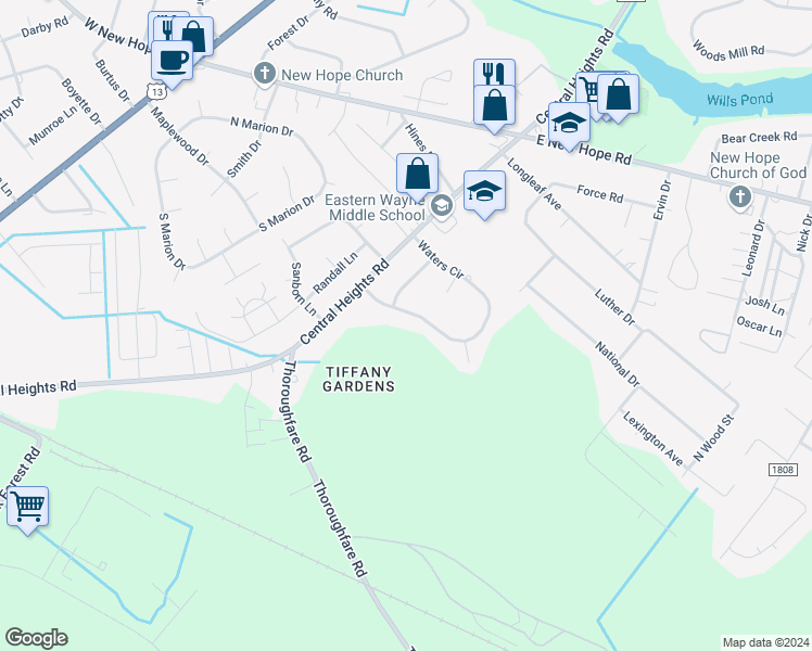 map of restaurants, bars, coffee shops, grocery stores, and more near 206 Waters Circle in Goldsboro