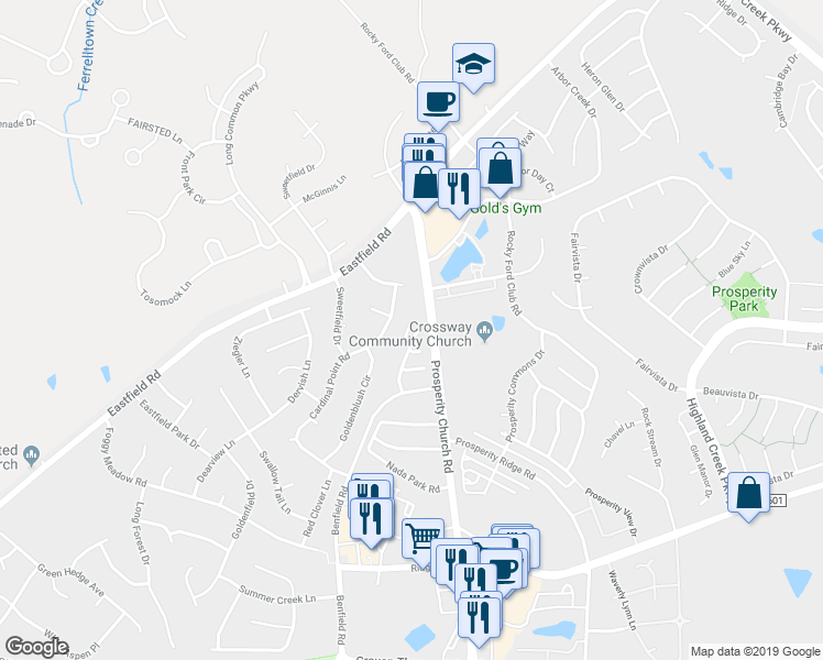 map of restaurants, bars, coffee shops, grocery stores, and more near 8435 Summerford Drive in Charlotte