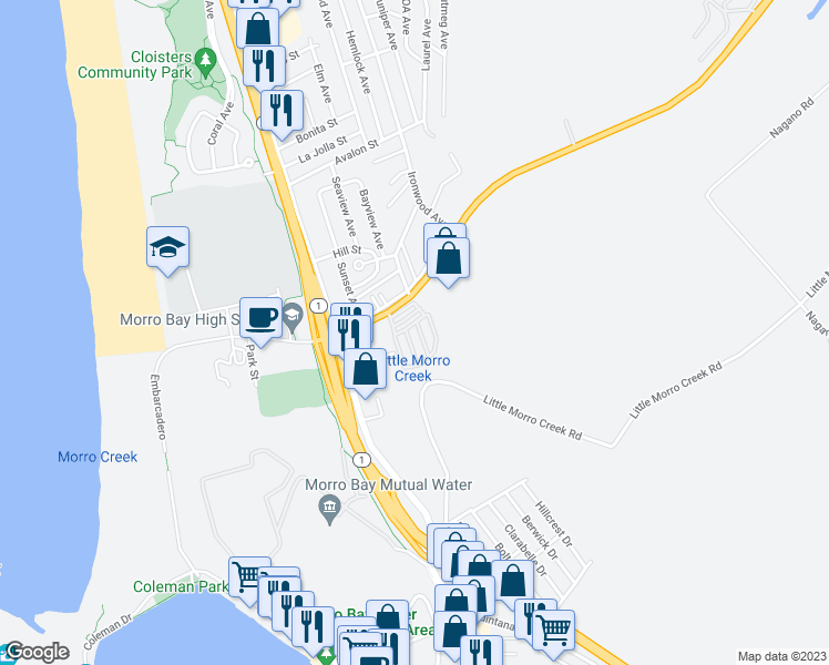 map of restaurants, bars, coffee shops, grocery stores, and more near 500 Atascadero Road in Morro Bay