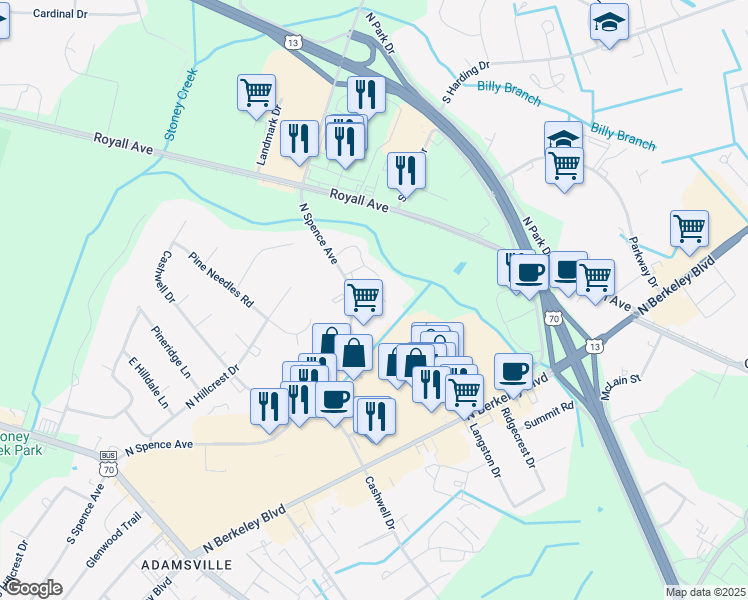 map of restaurants, bars, coffee shops, grocery stores, and more near 700 North Spence Avenue in Goldsboro