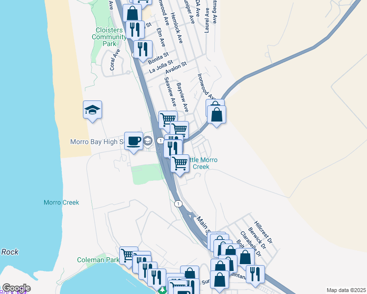 map of restaurants, bars, coffee shops, grocery stores, and more near 440 Atascadero Road in Morro Bay
