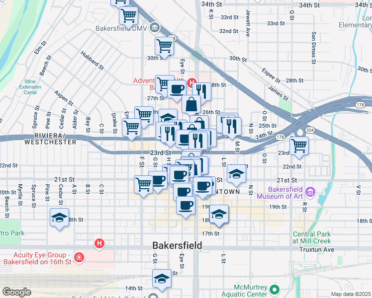 map of restaurants, bars, coffee shops, grocery stores, and more near 2300 Eye Street in Bakersfield